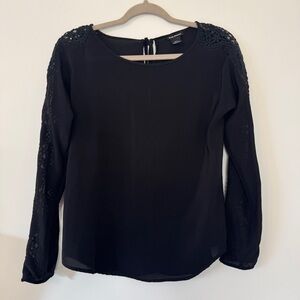 Club Monaco Blouse 100% Silk Black Long Sleeve Shirt Eyelet Crochet Sz XS